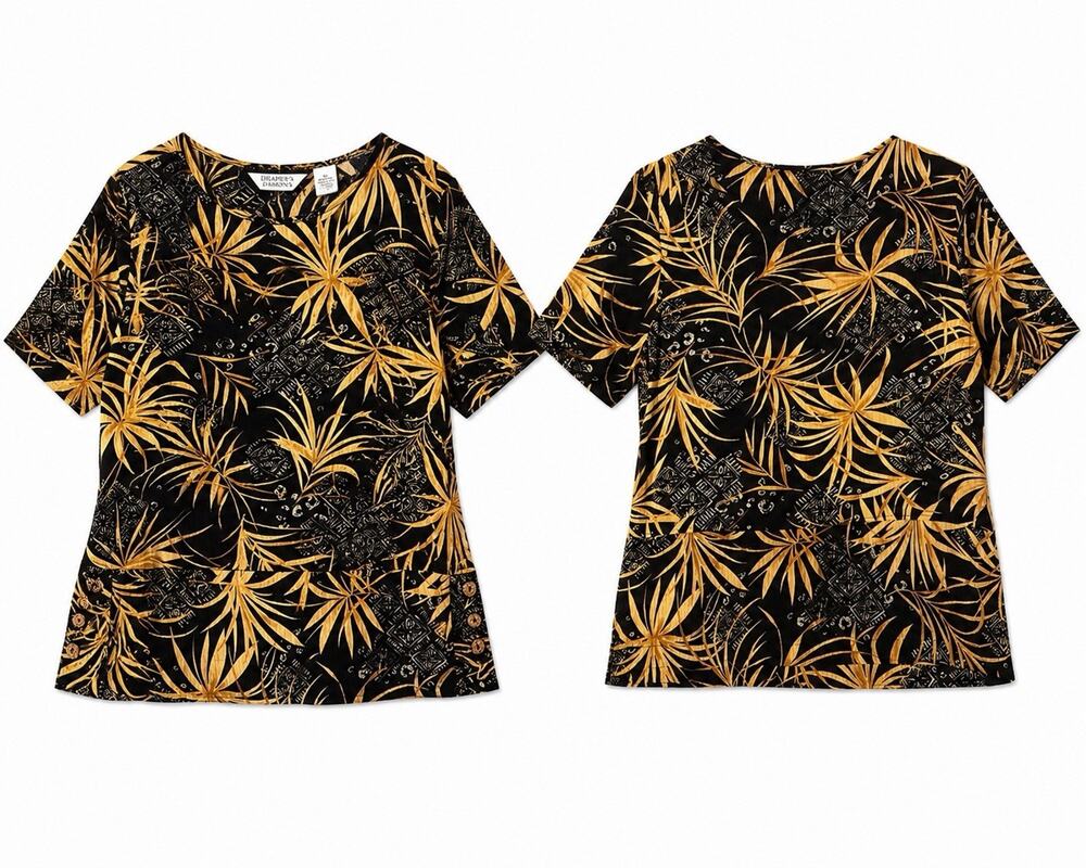 Draper’s & Damon’s Top M Black Tan Tropical Palm Print Rayon Blouse